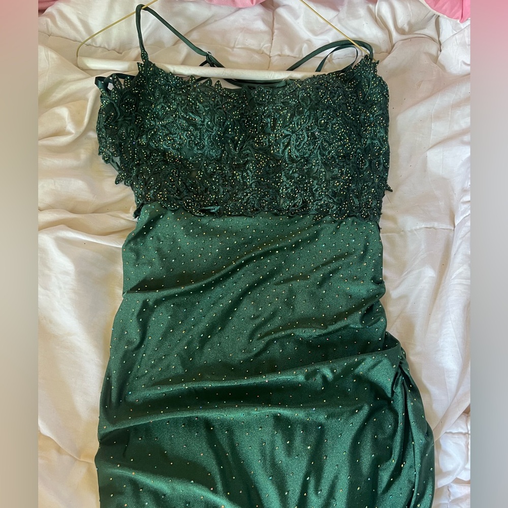 Long Dark Green Formal Dress w/ Rhinestones and built in corset.